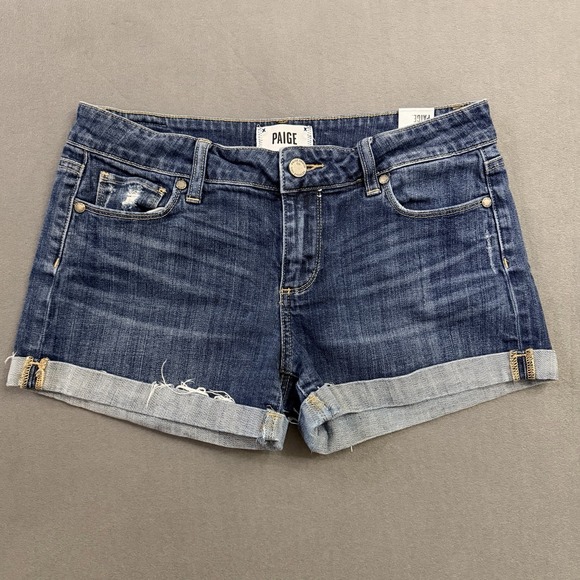 PAIGE Pants - Paige Jimmy Jimmy Cuffed Denim Shorts Dark Wash Cuffed Distressed Size 27